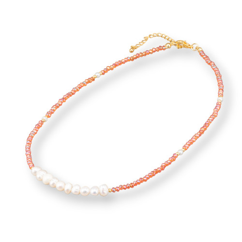 Gargantilla de moda con cristales y perlas de río 40 cm 6 cm Cierre de latón 2 piezas Naranja