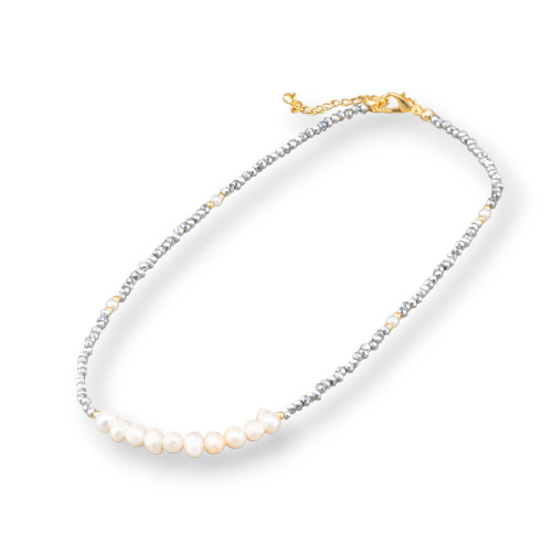 Gargantilla de moda con cristales y perlas de río 40 cm 6 cm Cierre de latón 2 piezas Plata