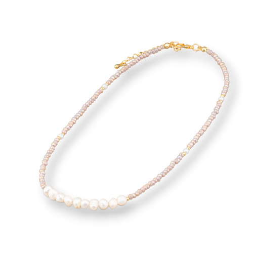 Fashion Choker Necklace With Crystals and River Pearls 40cm 6cm Brass Clasp 2pcs Beige