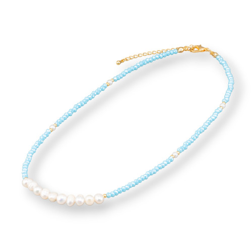 Gargantilla de moda con cristales y perlas de río 40 cm 6 cm Cierre de latón 2 piezas Azul claro
