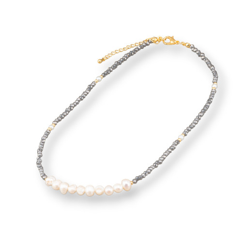 Gargantilla de moda con cristales y perlas de río 40 cm 6 cm Cierre de latón 2 piezas Gris