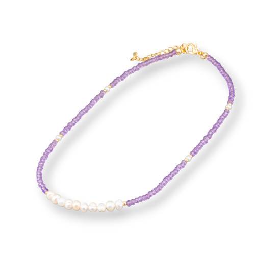 Fashion Choker Necklace With Crystals and River Pearls 40cm 6cm Brass Clasp 2pcs Lavender