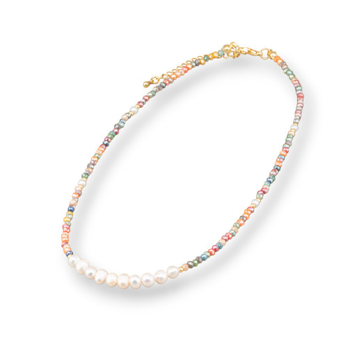 Collier ras du cou tendance avec cristaux et perles de rivière, 40cm, 6cm, fermoir en laiton, 2 pièces, multicolore