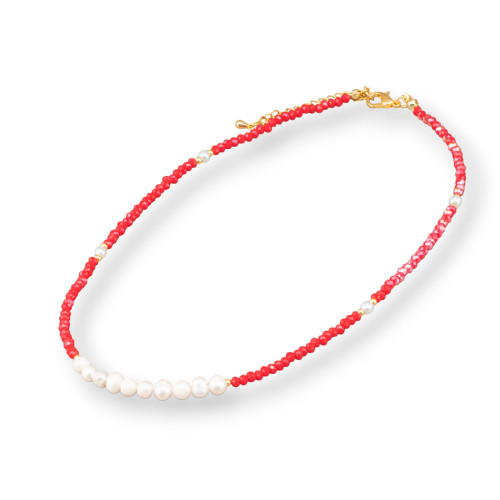 Gargantilla de moda con cristales y perlas de río 40 cm 6 cm Cierre de latón 2 piezas Rojo