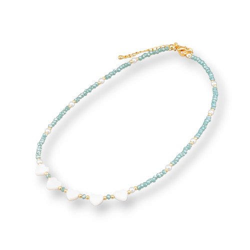 Modische Halskette mit Perlmuttkristallen und Messingverschluss, 40 cm, 6 cm, 2 Stück, Aqua