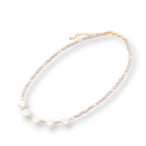 Fashion Choker Necklace With Mother-of-Pearl Crystals And Brass Clasp 40cm 6cm 2pcs Beige