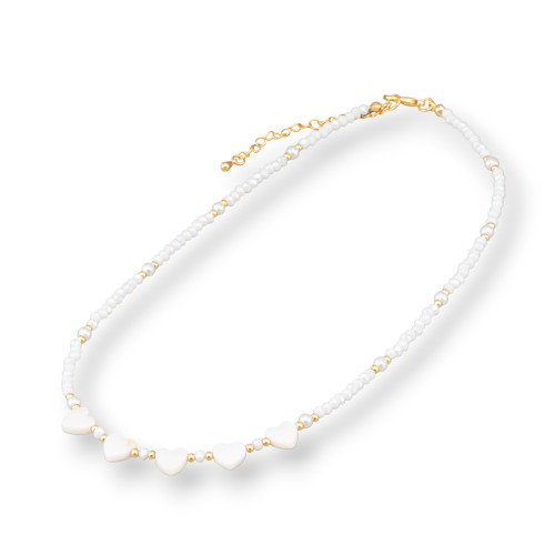 Fashion Choker Necklace With Mother-of-Pearl Crystals And Brass Clasp 40cm 6cm 2pcs White