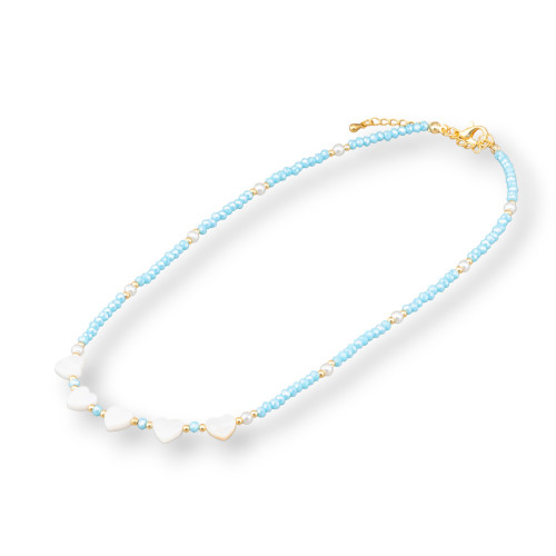 Modische Halskette mit Perlmuttkristallen und Messingverschluss, 40 cm, 6 cm, 2 Stück, Hellblau