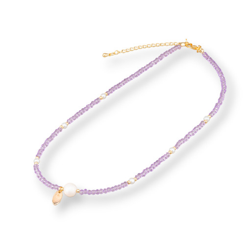 Collier ras du cou tendance avec cristaux de perles de rivière et fermoir en laiton 40 cm 6 cm 2 pièces violet