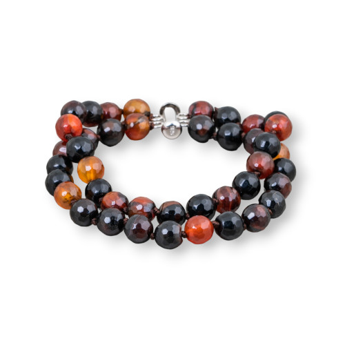 Mix2 Faceted Striated Agate 925 Silver Bracelet With Two-Wire Bar Clasp 19.5cm