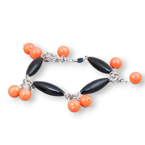 925 Silver Chain Bracelet With Orange Bamboo Coral And Oval Onyx Adjustable Size