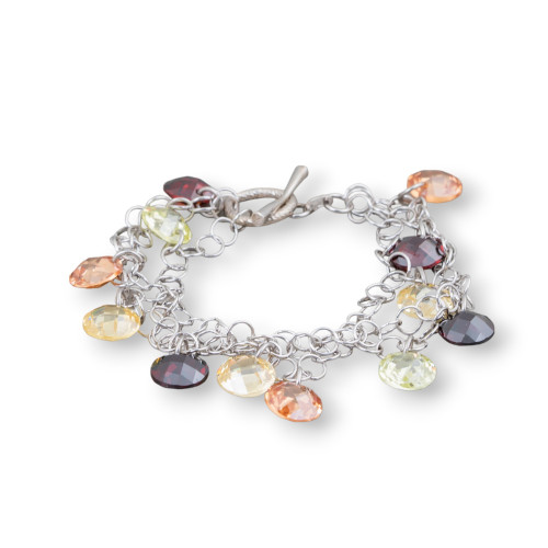 Bracelet en argent 925, chaîne plaquée rhodium à 3 brins avec pendentifs en zircon multicolore et fermoir en T de 20 mm
