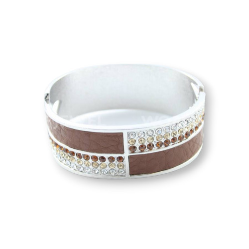 Rhodium-plated metal bracelet with rhinestones and imitation leather - height 25mm