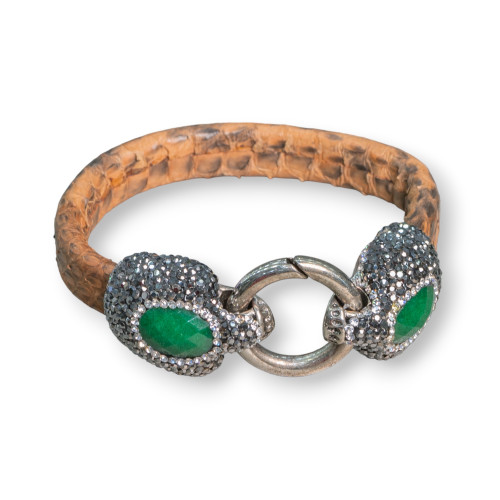 Leather Bracelet With Central Marcasite Rhinestones Snap Closure - Orange and Emerald Jade Color