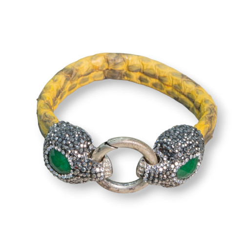 Leather Bracelet With Central Marcasite Rhinestones Snap Closure - Yellow and Emerald Jade Color