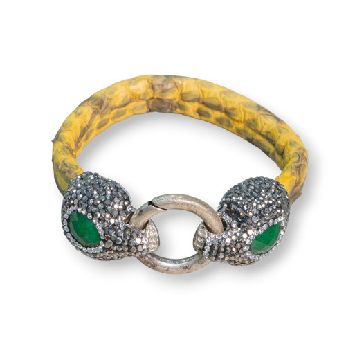 Bracciale Di Pelle Con Centrali Strass Marcasite Chiusura A Scatto - Color Giallo e Giada Smeraldite