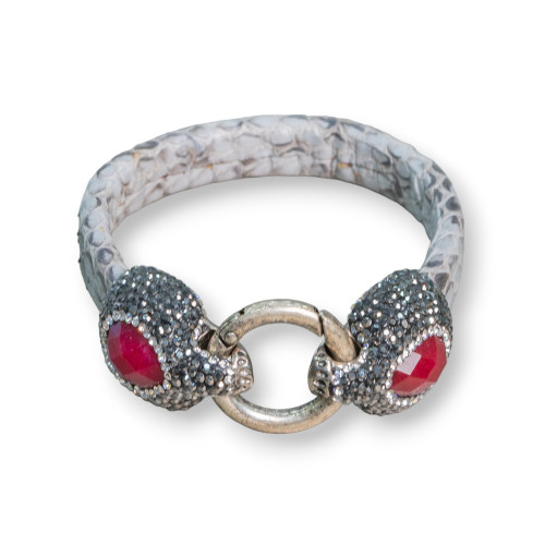 Leather Bracelet With Central Marcasite Rhinestones Snap Closure - Gray and Rubellite Jade Color