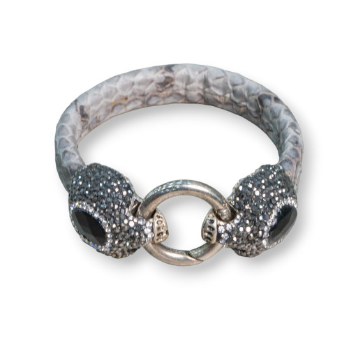 Leather Bracelet With Central Marcasite Rhinestones Snap Closure - Gray and Onyx Color