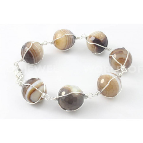 Bracelet with Faceted Agates 20mm and Rhodium-Plated Brass Wire - Brown Agate