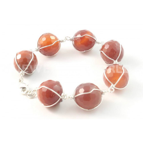 Bracelet with Faceted Agates 20mm and Rhodium-Plated Brass Wire - Carnelian