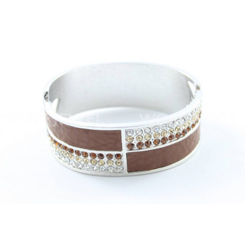 Rhodium-plated metal bracelet with rhinestones and imitation leather - height 25mm