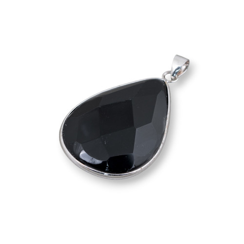 925 Silver and Onyx Pendant - Faceted Flat Drop 30x40mm