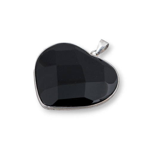 Pendant of 925 Silver and Onyx Faceted Flat Heart 40mm