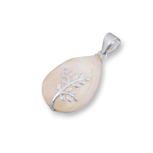 Pendentif en Argent 925 et Pierres Semi-précieuses Goutte Plate Facette 20x32mm Calcite