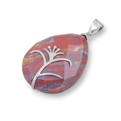 Pendant of 925 Silver and Semi-precious Stones Faceted Flat Drop 30x42mm Red Indian Agate