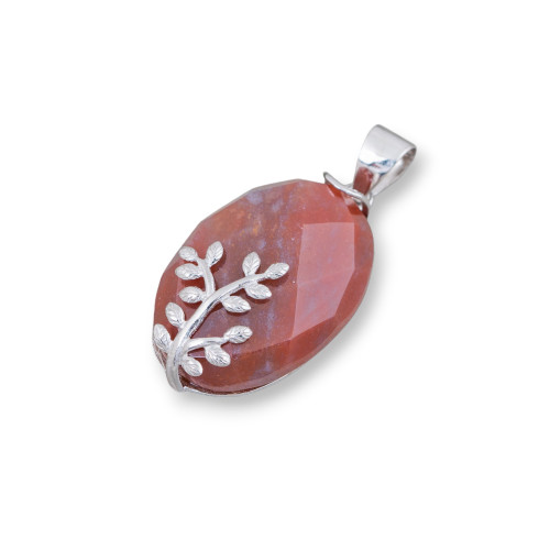Pendant of 925 Silver and Semiprecious Stones Oval Flat Faceted 20x32mm Red Indian Agate