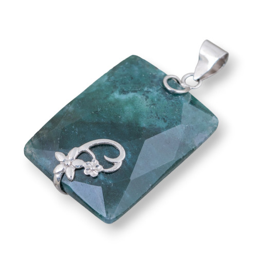 Pendant of 925 Silver and Semi-precious Stones Faceted Flat Rectangle 30x42mm