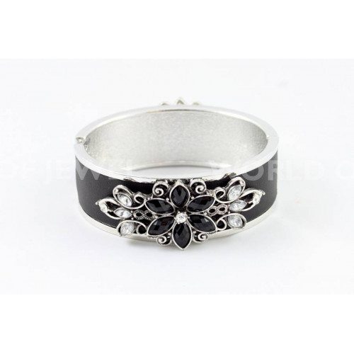 Rigid Rhodium-plated Metal Bracelet With Rhinestones - Height 25mm