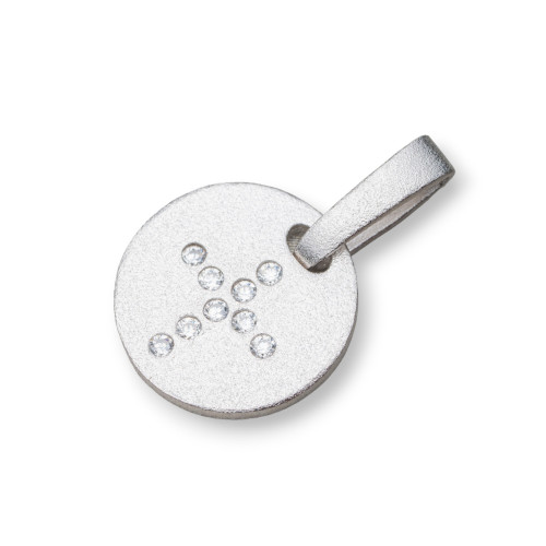 Ciondolo Pendente Di Argento 925 Coin Satinato 13mm Con Zirconi Incastonati A Croce 5pz Rodiato