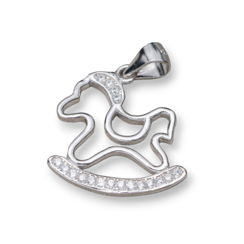 925 Silver Pendant With Zircons Rocking Horse 18x23mm 4pcs Rhodium Plated