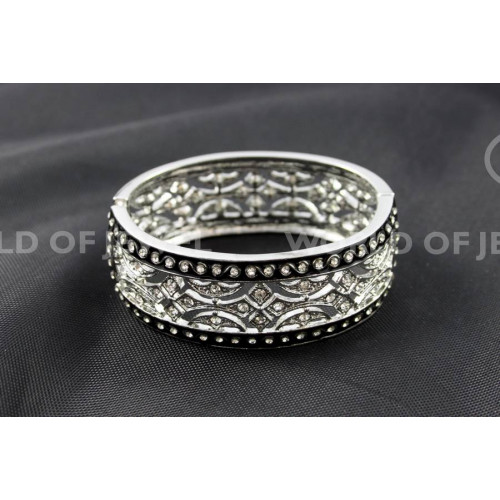 Rigid Rhodium-plated Metal Bracelet With Rhinestones - Height 25mm