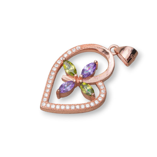 Pendant Of 925 Silver With Zircons Heart 16x30mm 2pcs Rose Gold