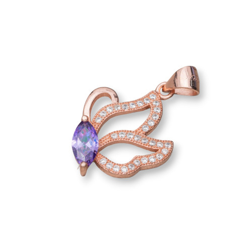 Pendant Of 925 Silver With Zircons Butterfly 15x26mm 3pcs Rose Gold Purple