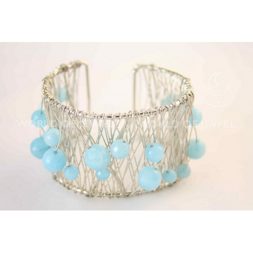 Braided Brass Bracelet And Faceted Round Angelite 6-8-10mm - Height 40mm