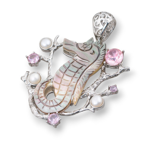 Brass Pendant Mother of Pearl Seahorse with Zircons 44x55mm