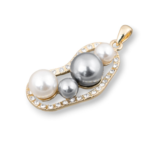 Brass Pendant With Two-Tone Mallorcan Pearls And Zircons 30x60mm Golden