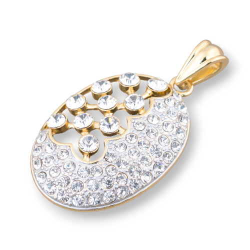 Pendentif Ovale en Laiton avec Zircons 22x50mm Doré