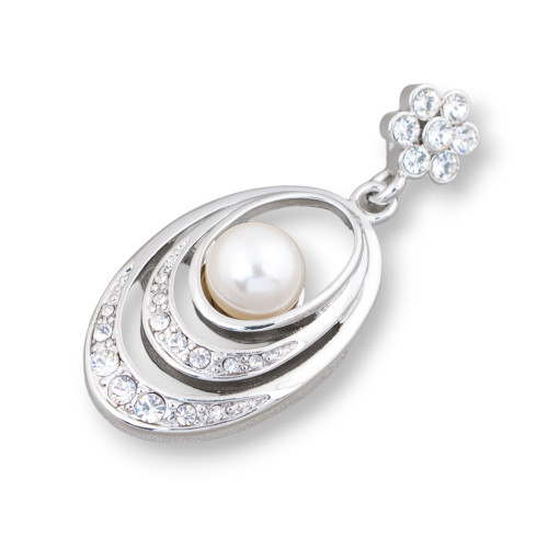 Oval Brass Pendant With Mallorcan Pearls And Zircons 22x48mm