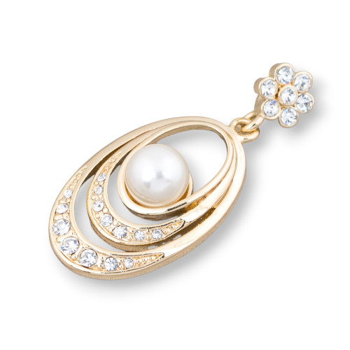 Oval Brass Pendant With Majorcan Pearls And Zircons 22x48mm Golden