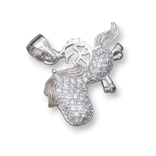 Pendant Of 925 Silver With Zircons Unicorn 23x21mm 2pcs Rhodium Plated