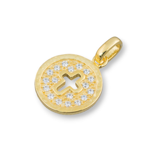 Pendant Pendants Of 925 Silver Shiny Coin 13mm With Zircons Set In A Cross 5pcs Golden