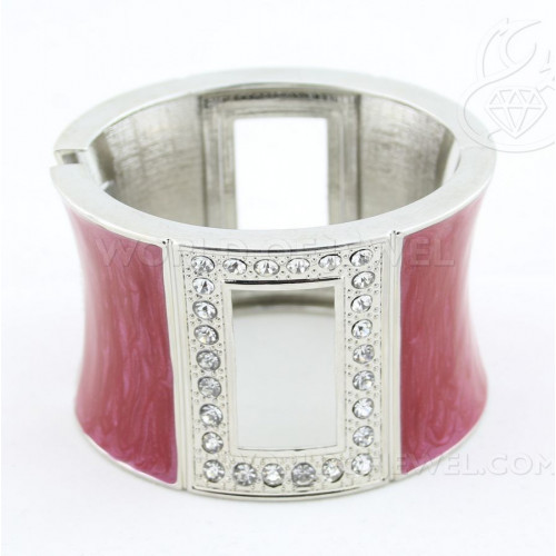 Enamelled Brass Bracelet With Rhinestones - Silver and Red