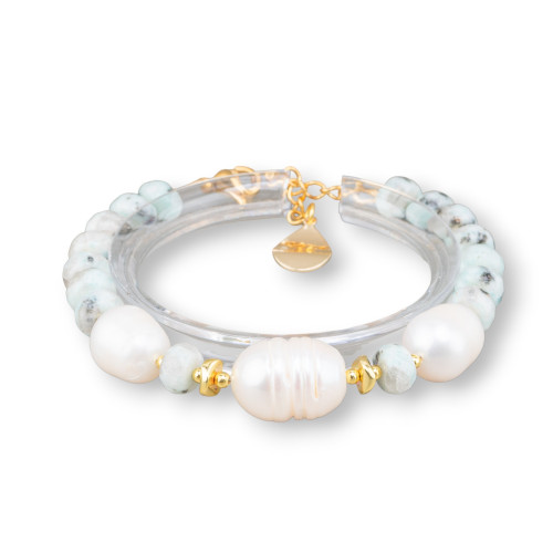 Bracelet of semi-precious stones and freshwater pearls with eggshell and jasper brass clasp