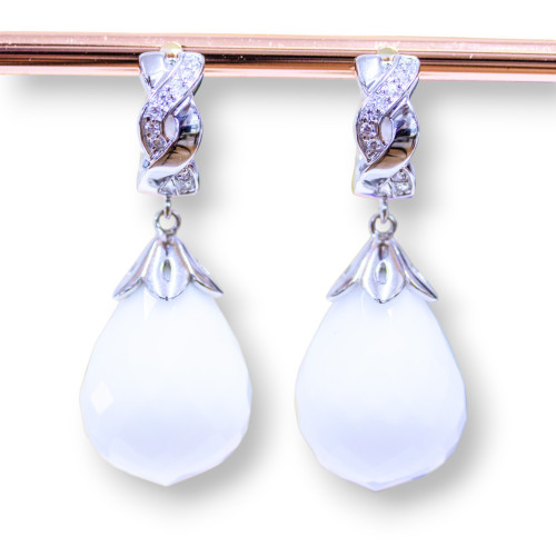 Closed Hook Earrings Of 925 Silver With Zircons And White Agate Faceted Drop 16x38mm