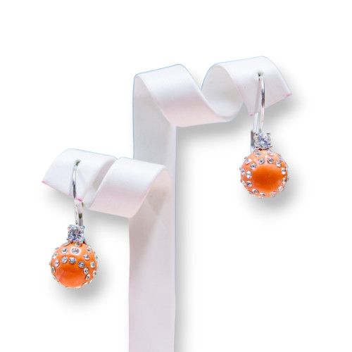 Closed Hook Earrings Of 925 Silver With Zircons And Resin Balls With Rhinestones - Orange