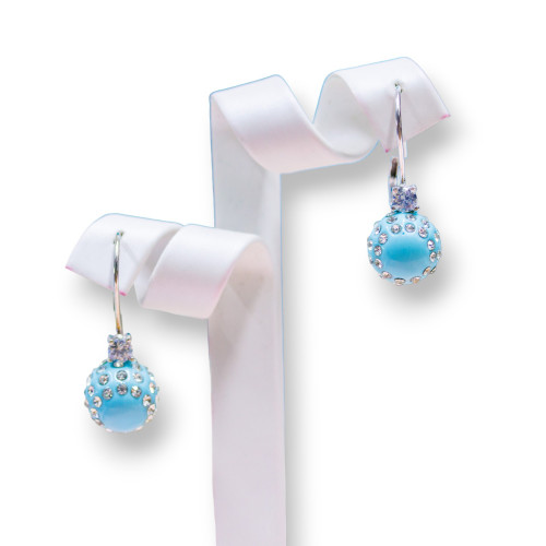 Closed Hook Earrings Of 925 Silver With Zircons And Resin Balls With Rhinestones - Turquoise